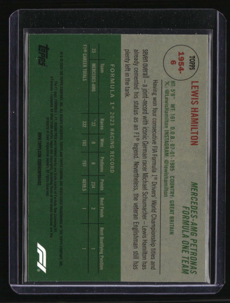 2024 Topps Chrome Formula 1 Lewis Hamilton 1954 Topps Green Refractors #/99