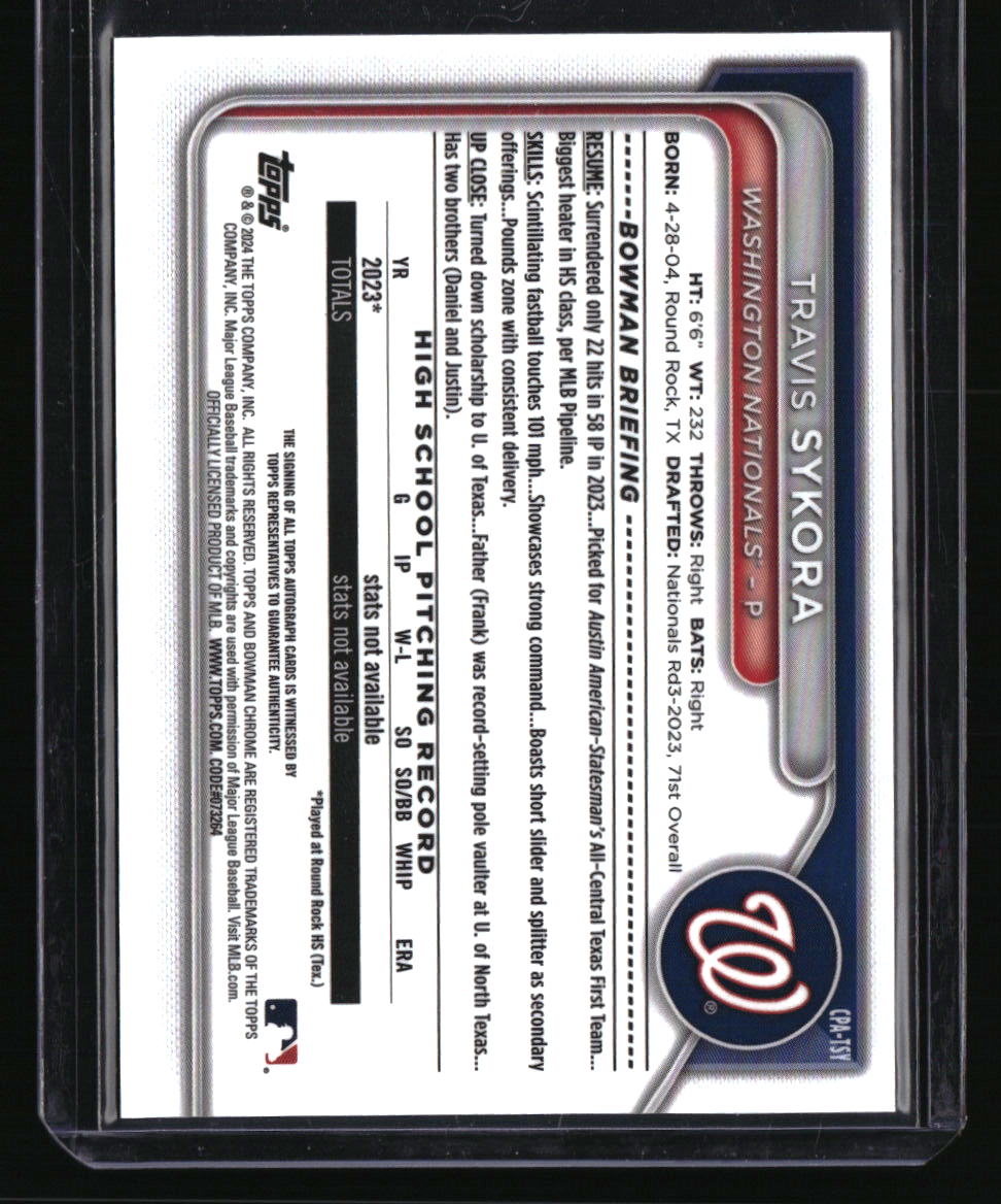 2024 Bowman Travis Sykora Chrome Prospect Autographs
