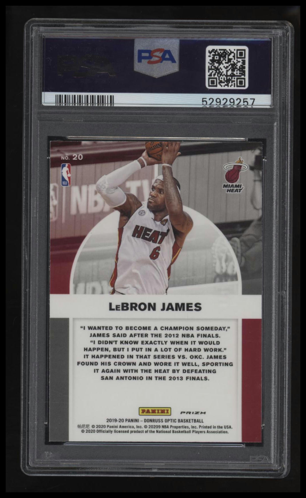 2019 Panini Donruss Optic Winner Stays Lebron James Winner Stays-Purple PSA 10