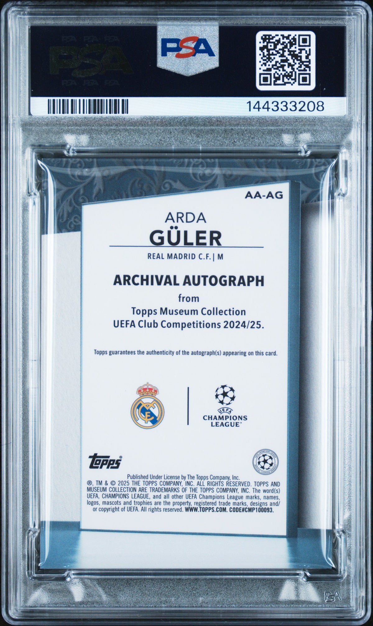 2024-2025 Topps Museum Collection Uefa CC Archival Auto Arda Guler Blk Dmd PSA 8