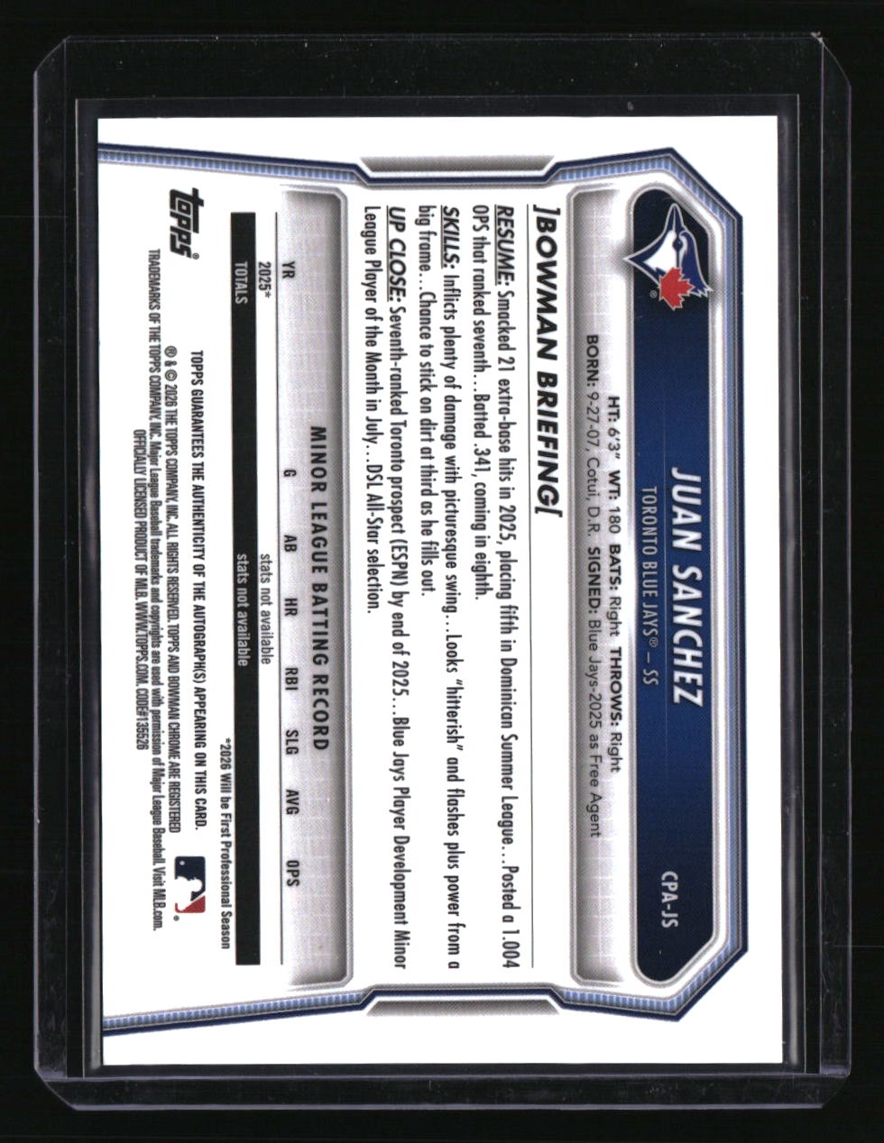 2026 Bowman Juan Sanchez Chrome Prospect Autographs