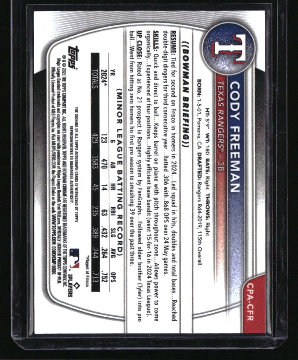 2025 Bowman Cody Freeman Chrome Prospect Autographs HTA Choice Refractor #/150