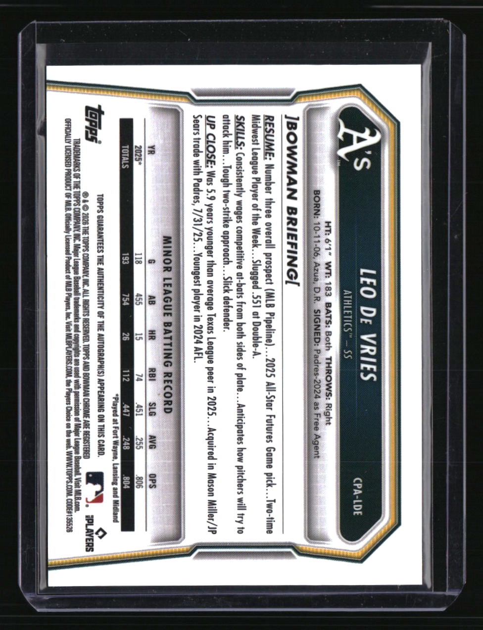 2026 Bowman Leo De Vries Chrome Prospect Autographs Blue X-Fractors #/150