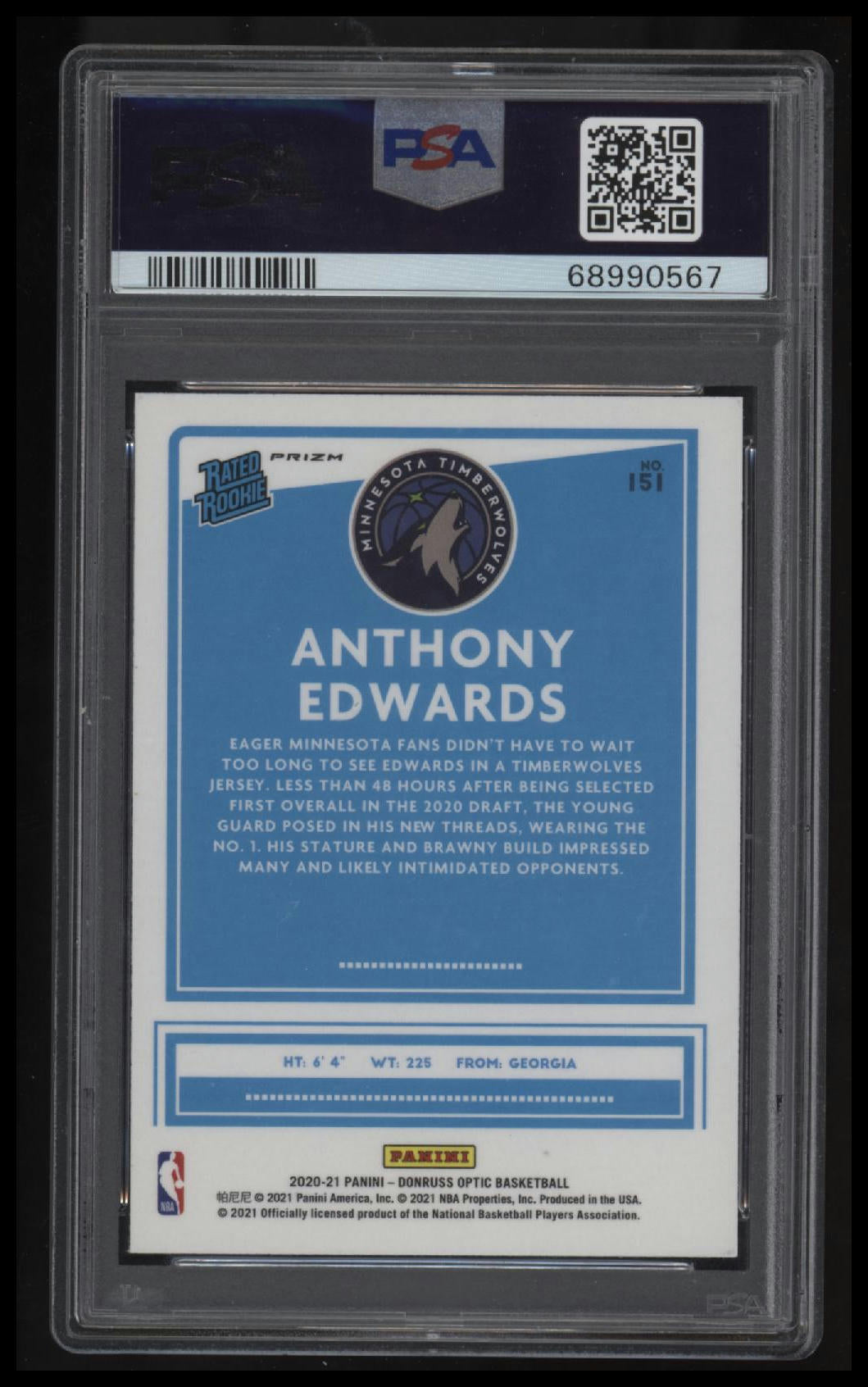 2020 Panini Donruss Optic Anthony Edwards Blue Velocity PSA 9