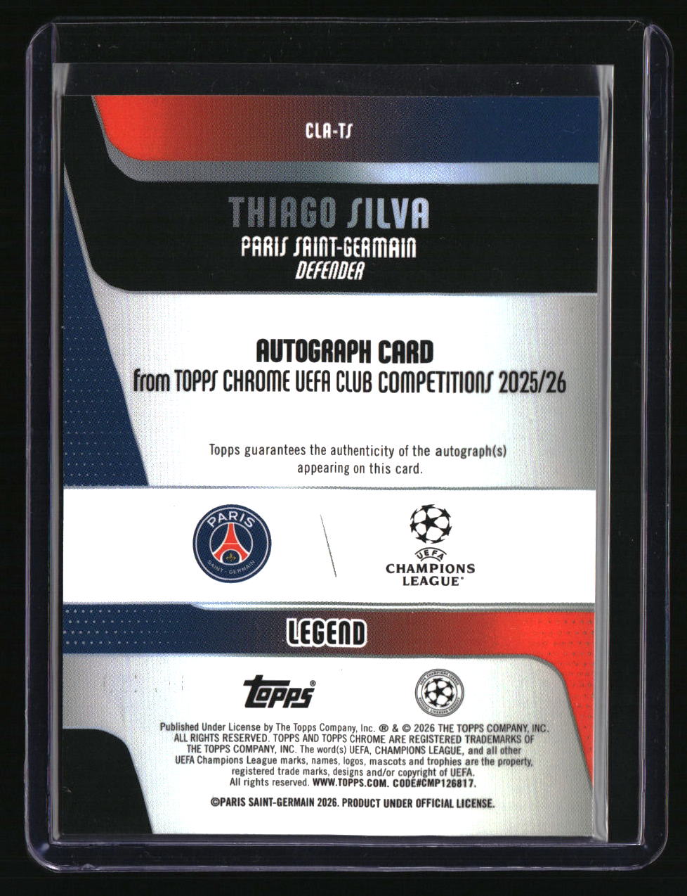 2025-26 Topps Chrome UEFA CC Thiago Silva Legends Auto Blue Lava #/150