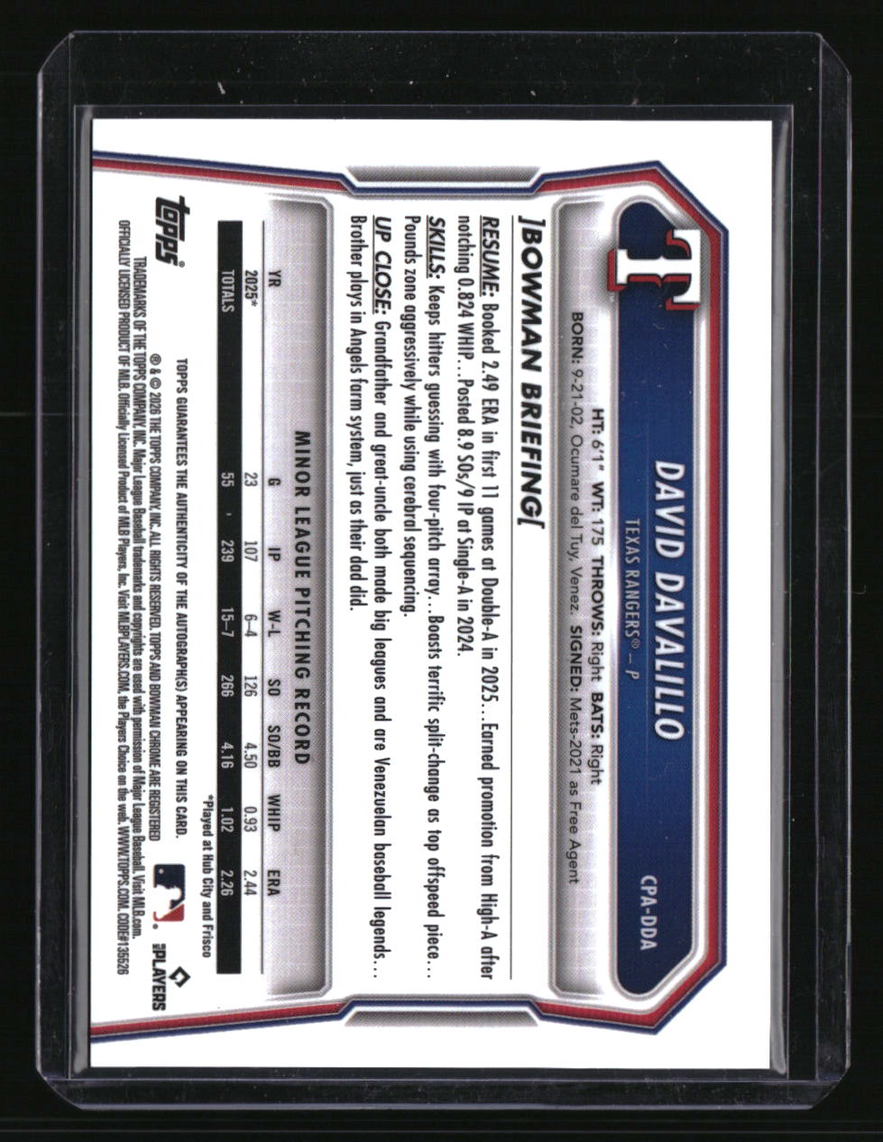 2026 Bowman David Davalillo Chrome Prospect Autographs Gold Refractors #/50