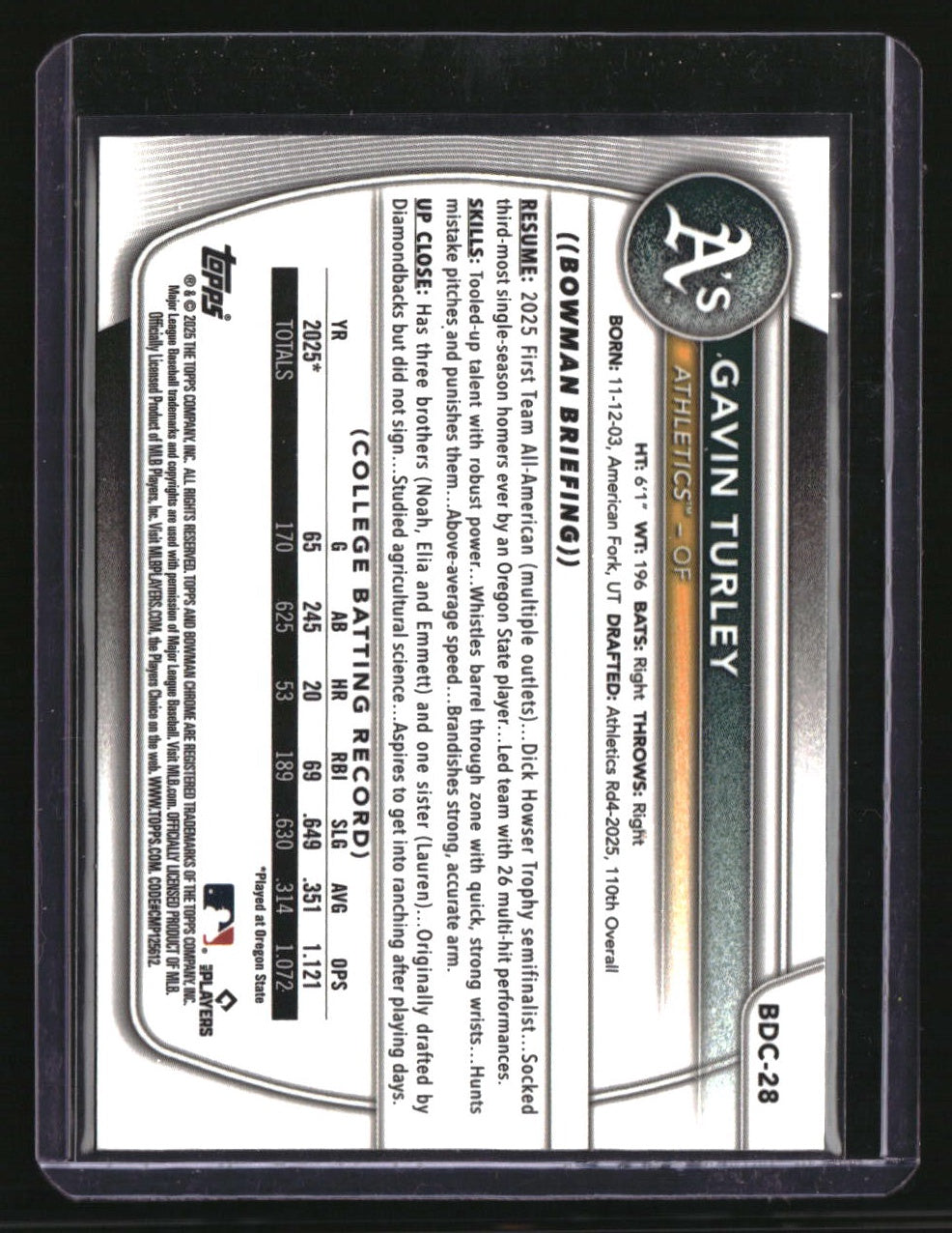 2025 Bowman Draft Gavin Turley Chrome Yellow Refractor #/75