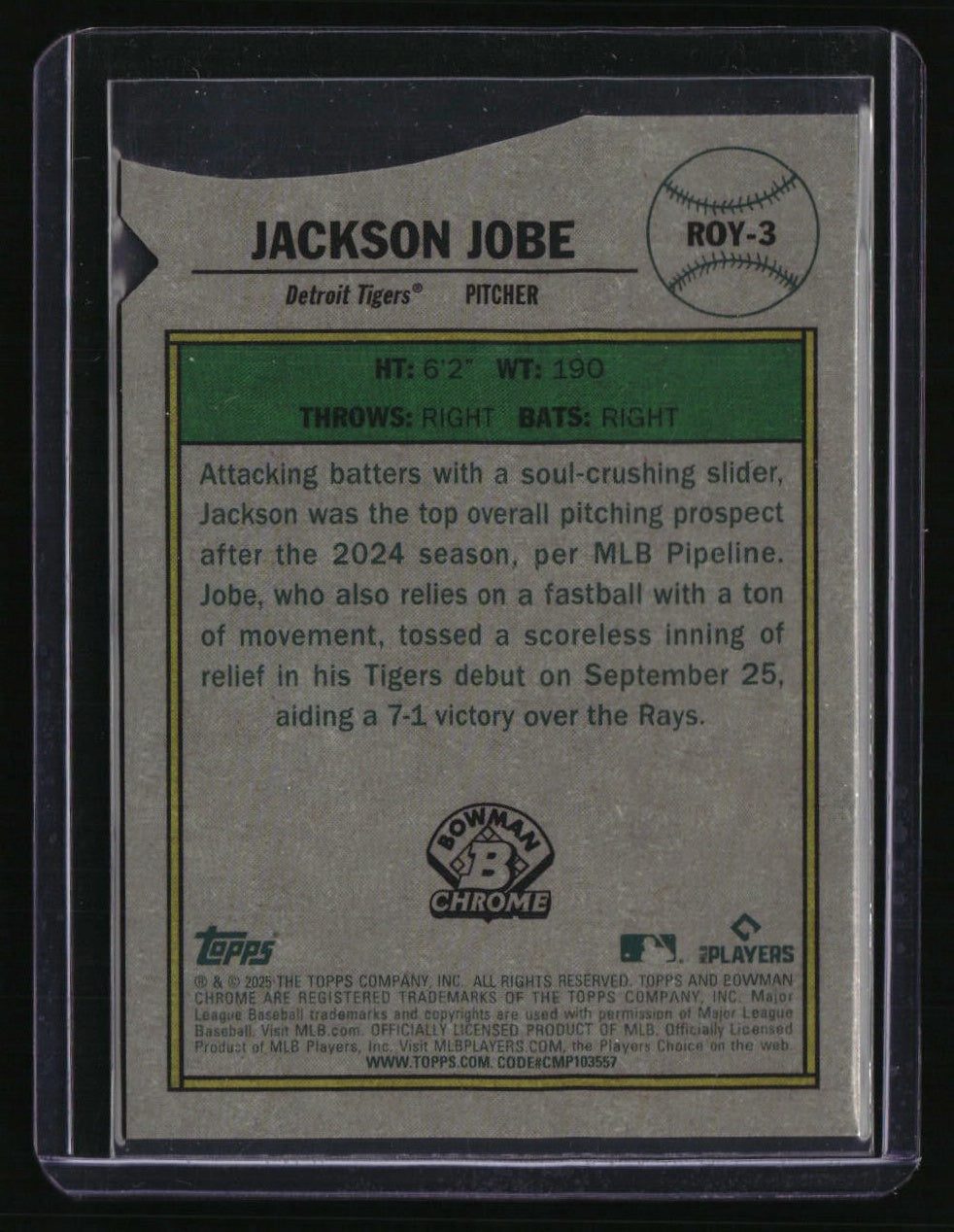 2025 Bowman Jackson Jobe Rookie of the Year Favorites Mojo Blue Refractor #/150