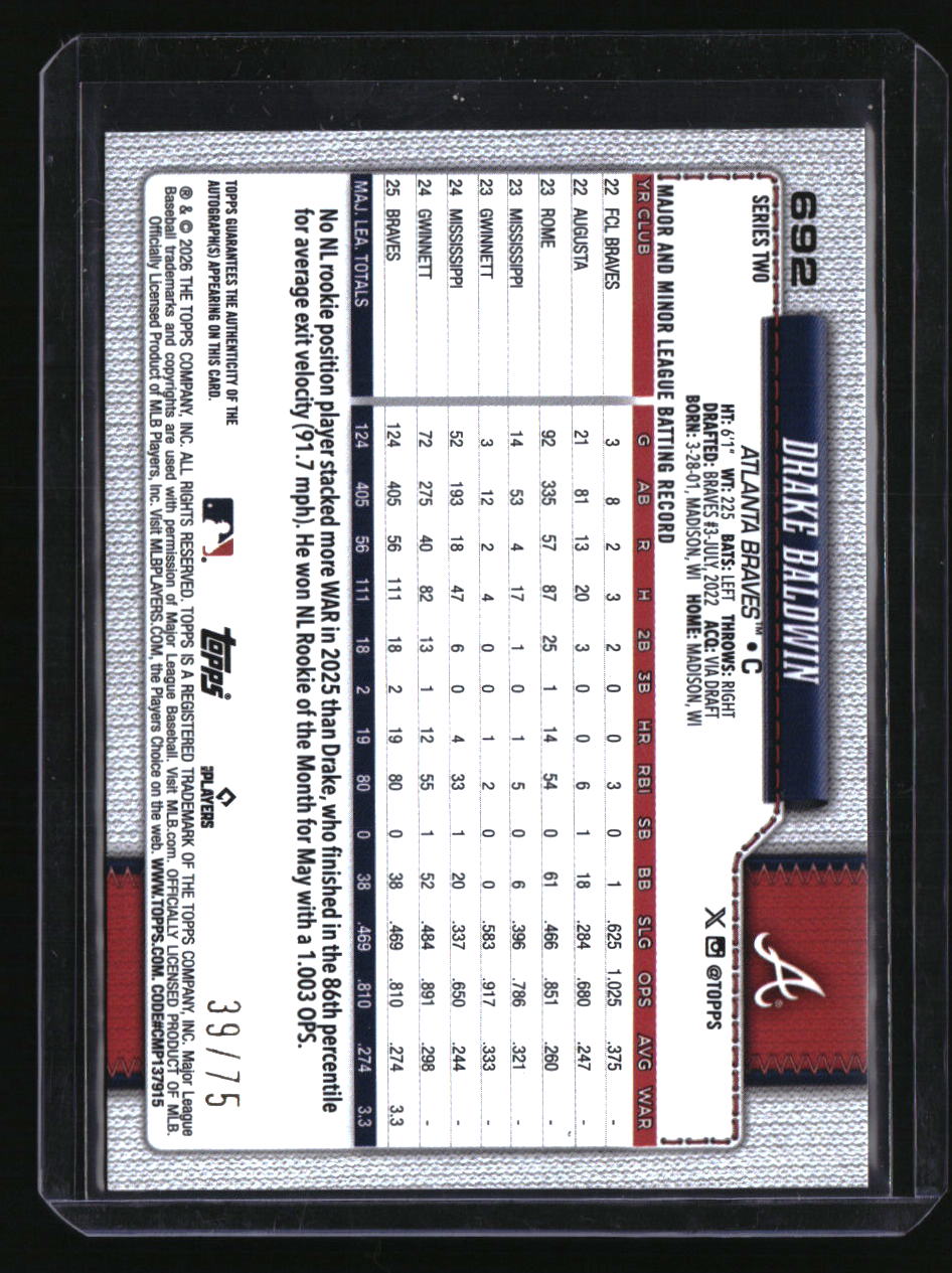 2026 Topps Drake Baldwin Flagship Real One Autographs 75th Anniversary #/75