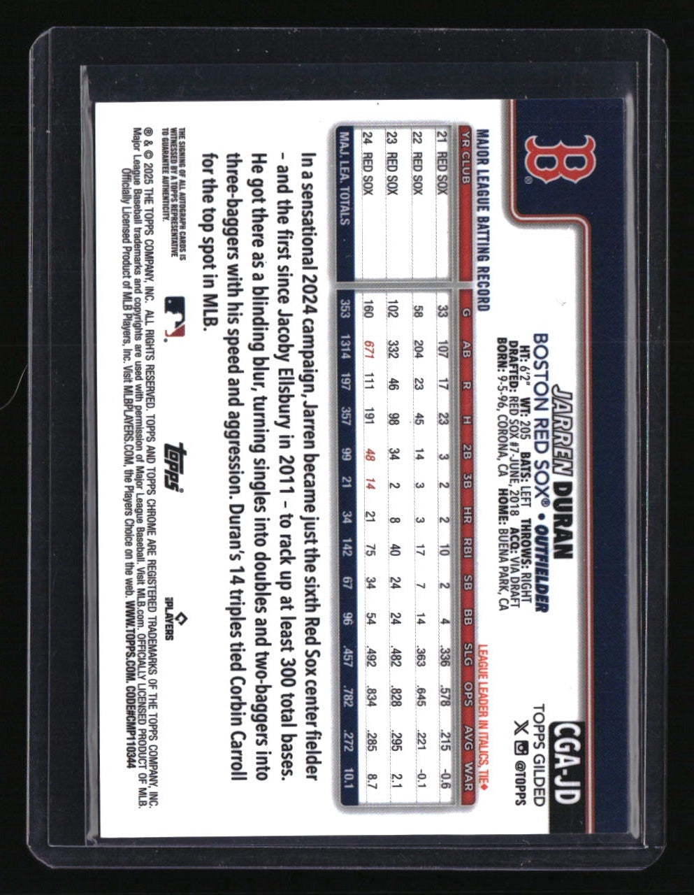 2025 Topps Gilded Collection Jarren Duran Autographs Yellow/Gold #/75