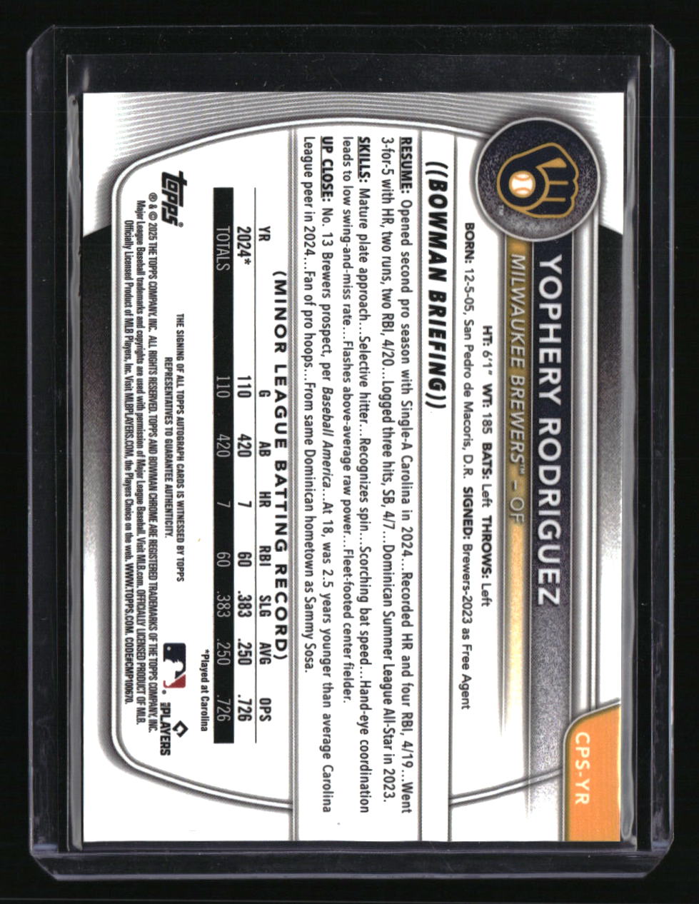 2025 Bowman Sapphire Edition Yophery Rodriguez Autographs #/199
