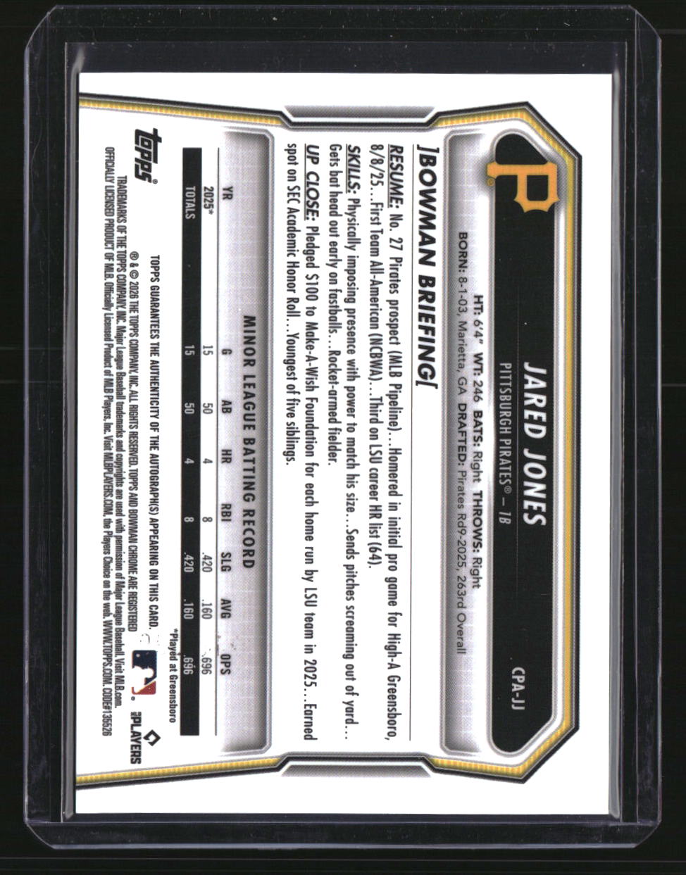 2026 Bowman Jared Jones Chrome Prospect Autographs Speckle Refractors #/299