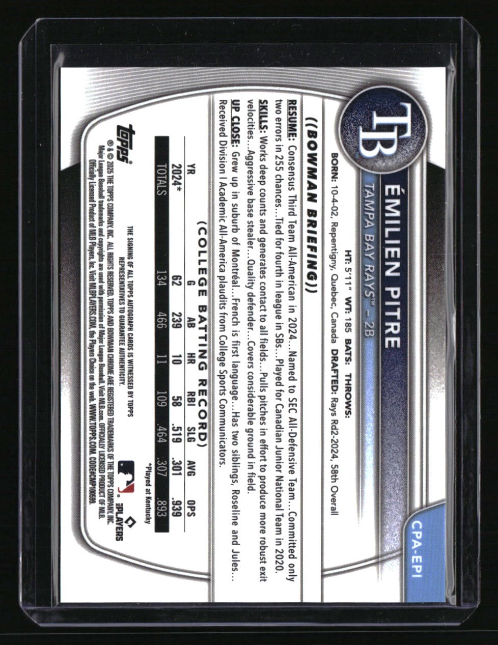 2025 Bowman Émilien Pitre Chrome Prospects Autographs Blue Refractor #/150