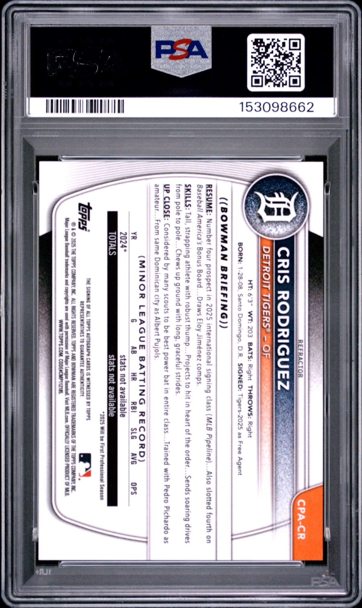 2025 Bowman Chrome Prospect Autographs Cris Rodriguez Refractor PSA 9