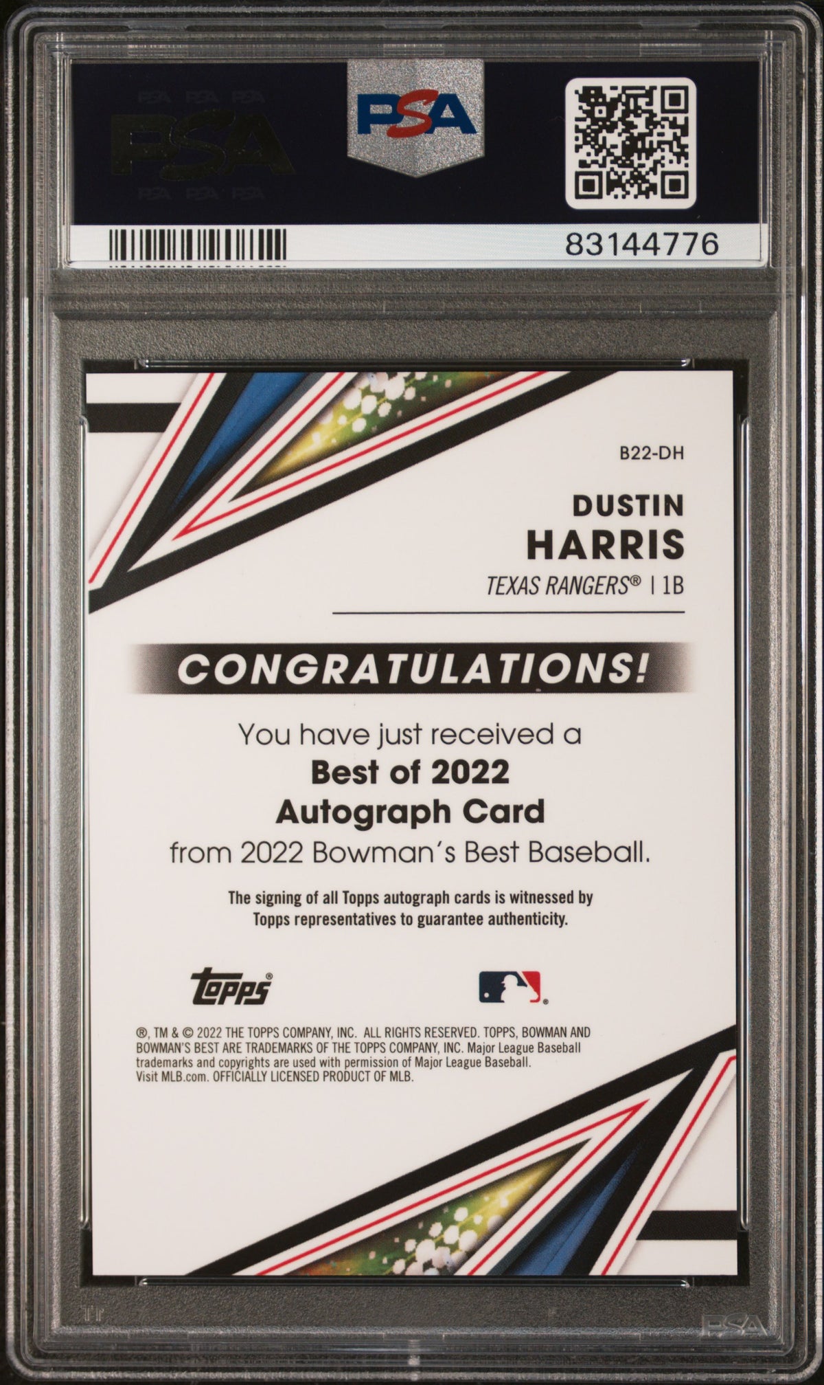 2022 Bowman&#39;S Best Best Of 2022 Autographs Dustin Harris PSA 10