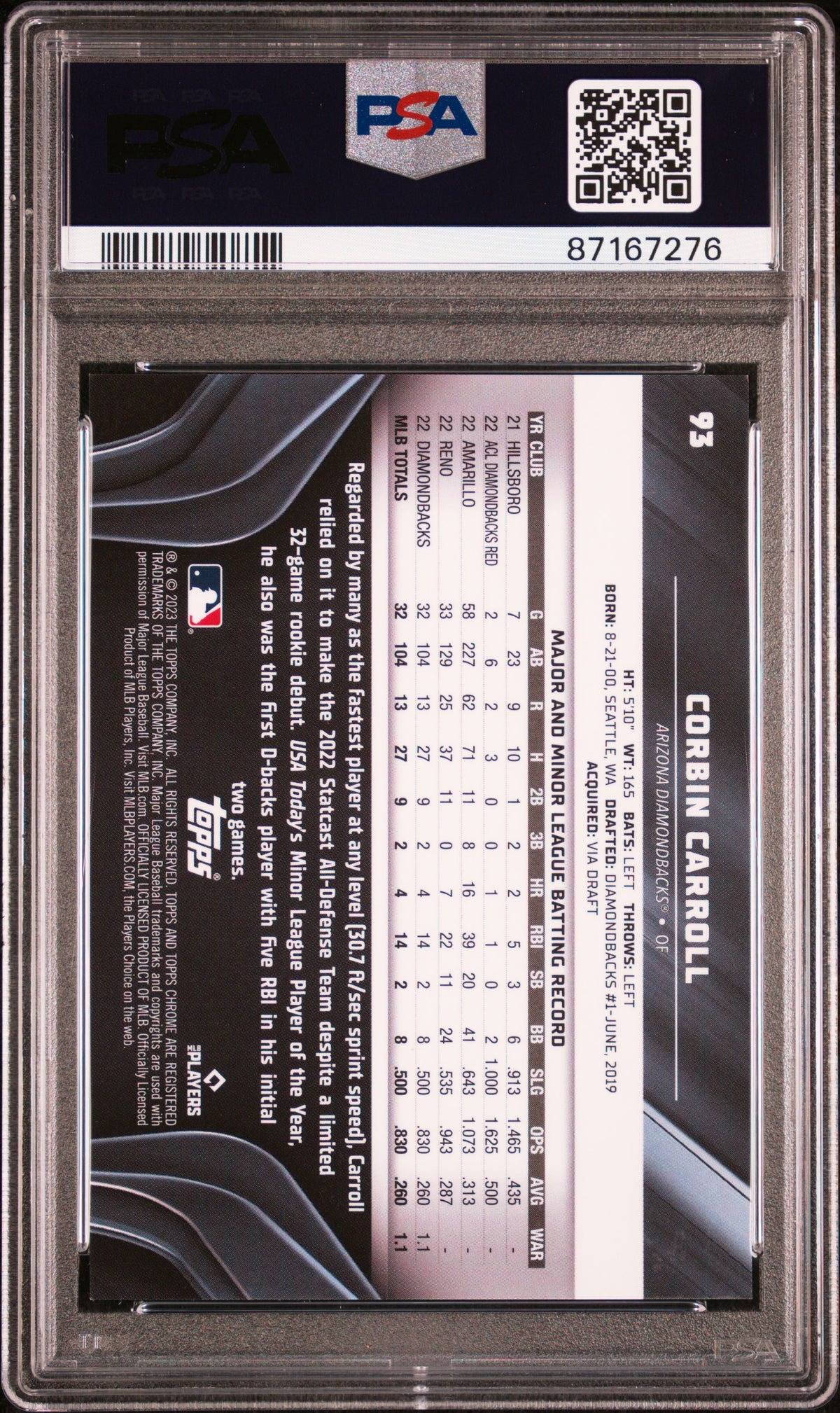 2023 Topps Chrome Black Corbin Carroll Orange Refractor PSA 10