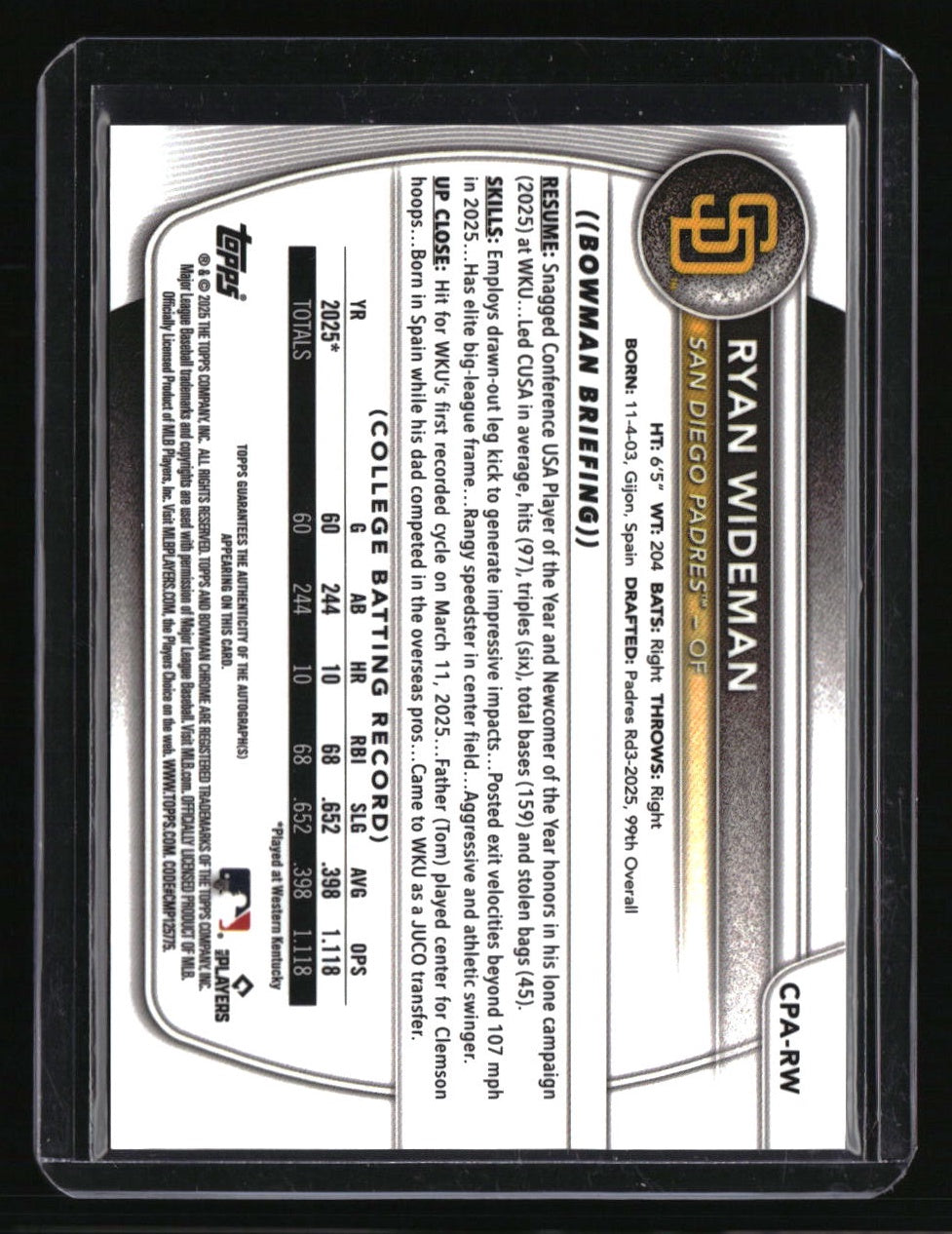 2025 Bowman Draft Ryan Wideman Chrome Prospect Autographs