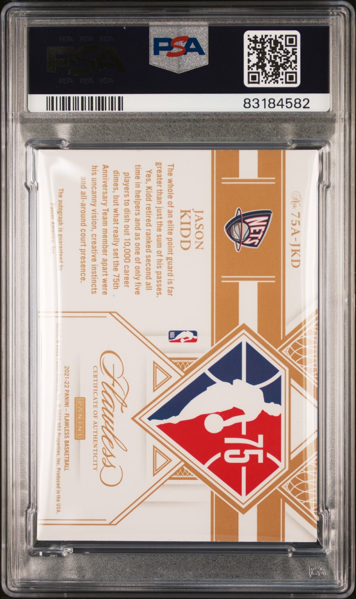 2021 Panini Flawless Flawless 75th Team Auto Jason Kidd Amethyst PSA 8