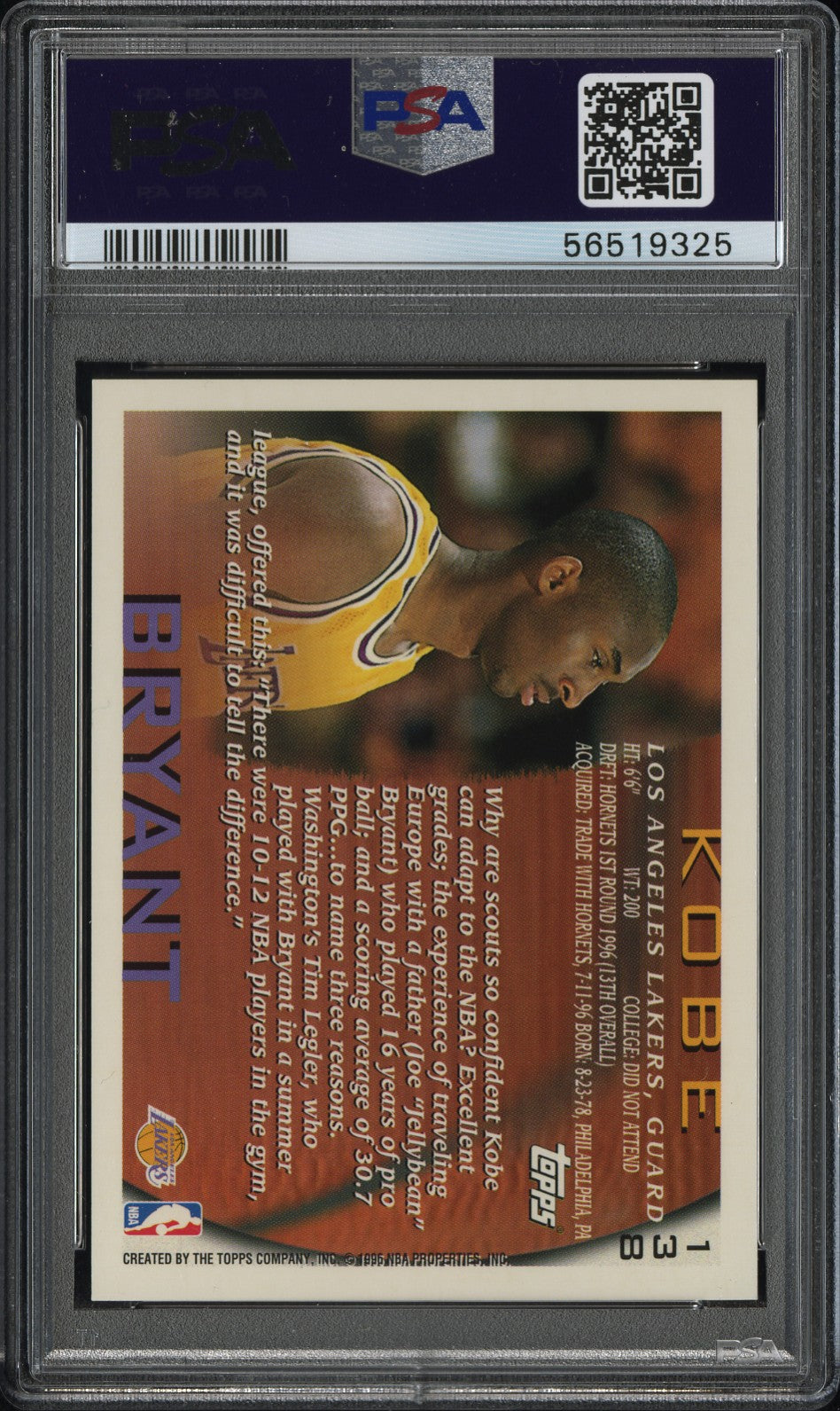 1996 Topps #138 Kobe Bryant PSA 9