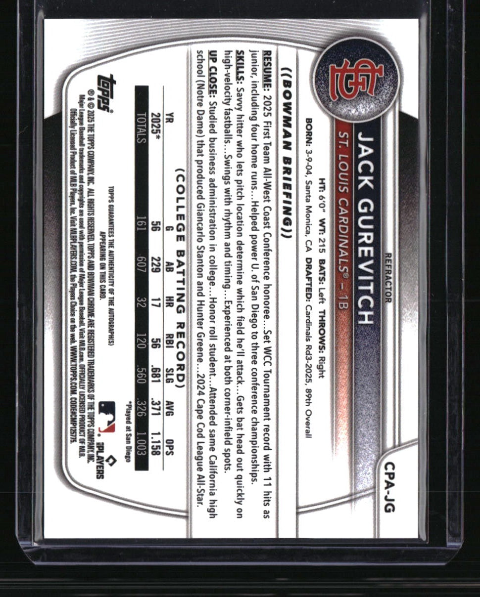 2025 Bowman Draft Jack Gurevitch Chrome Prospect Autographs Refractor #/499