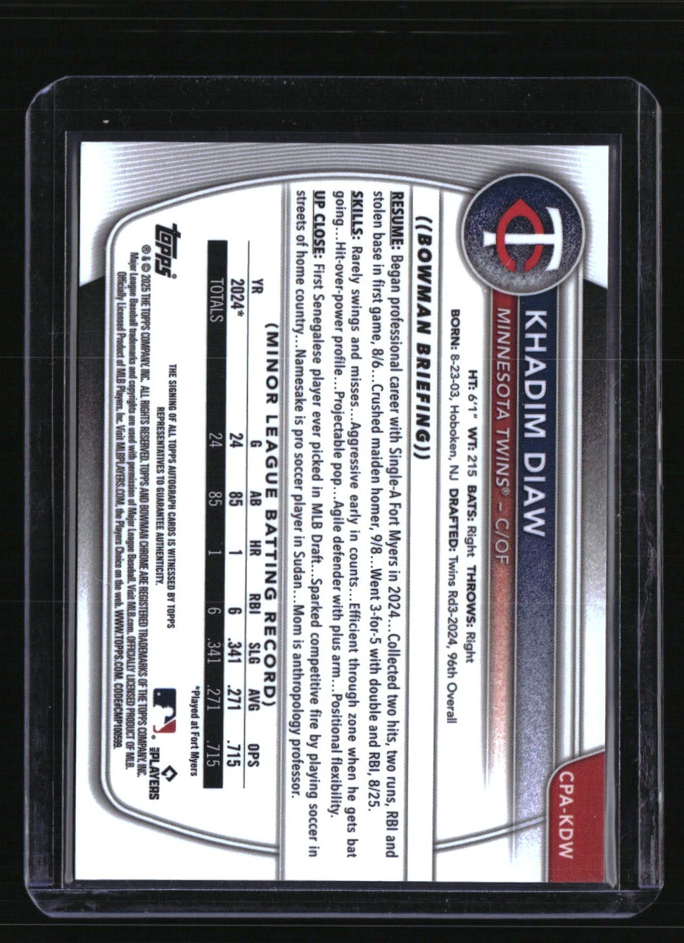 2025 Bowman Khadim Diaw Chrome Prospects Autographs HTA Choice Refractor #/150