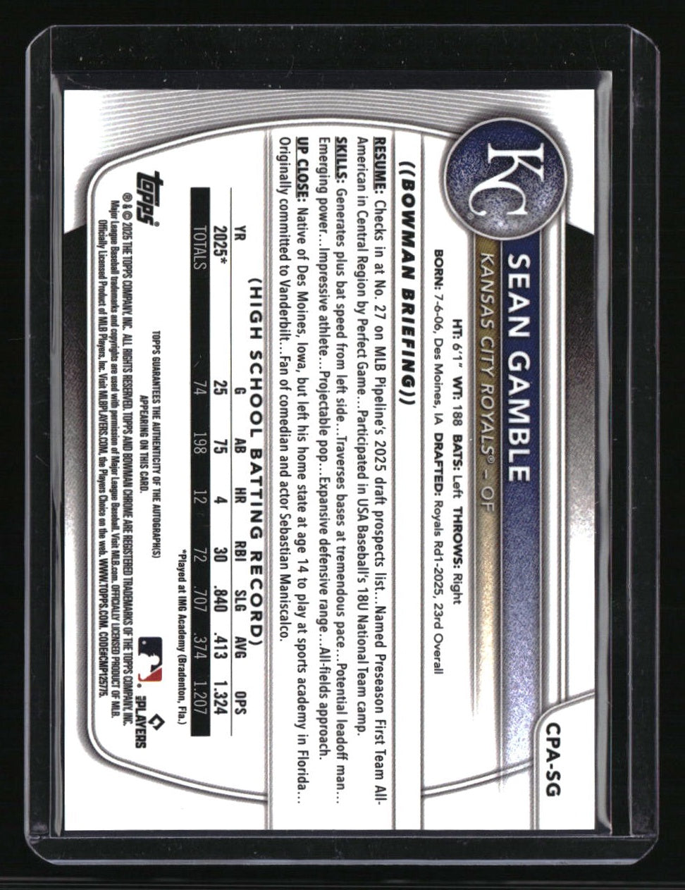 2025 Bowman Draft Sean Gamble Chrome Prospect Autographs