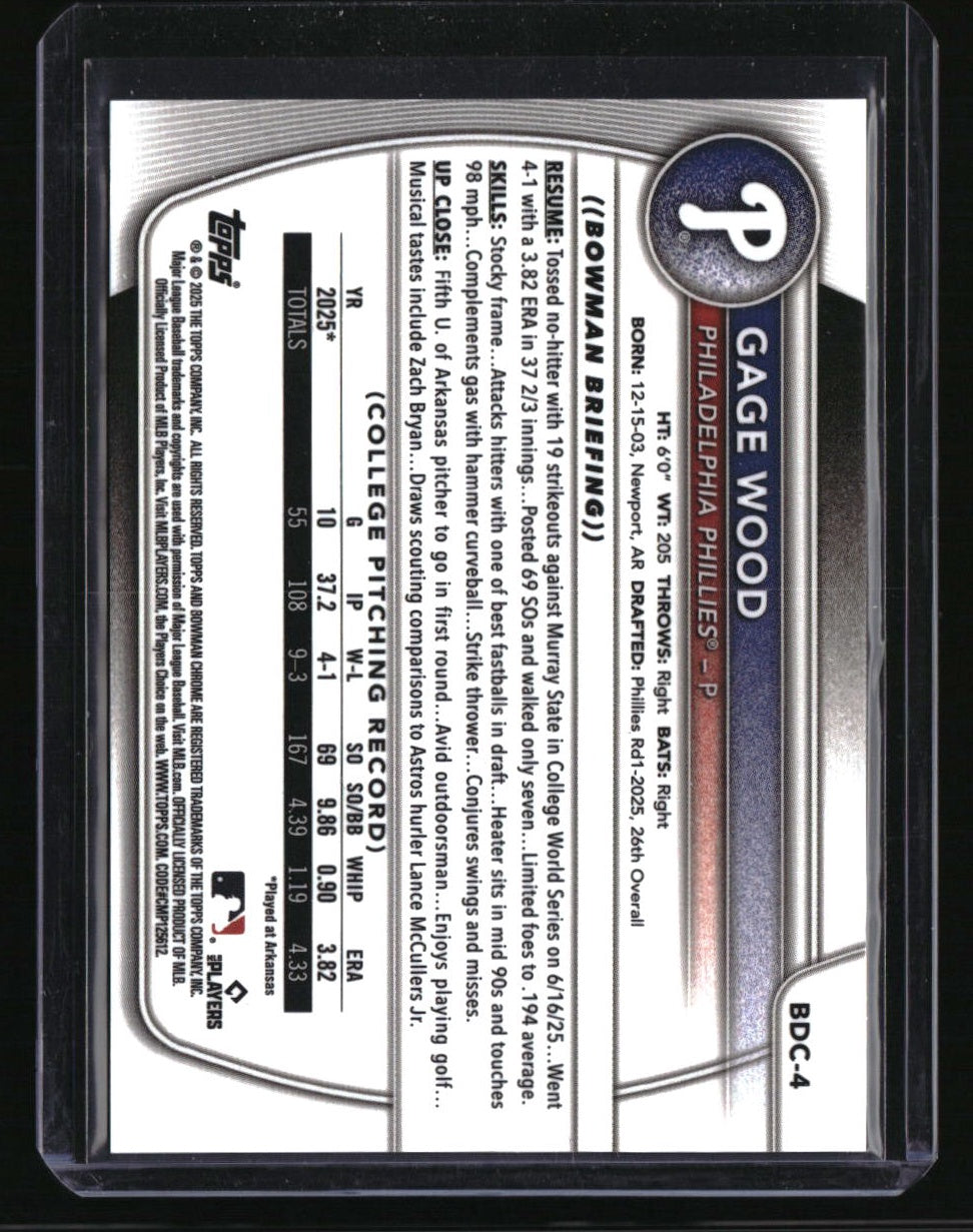 2025 Bowman Draft Gage Wood Chrome Gold Refractor #/50