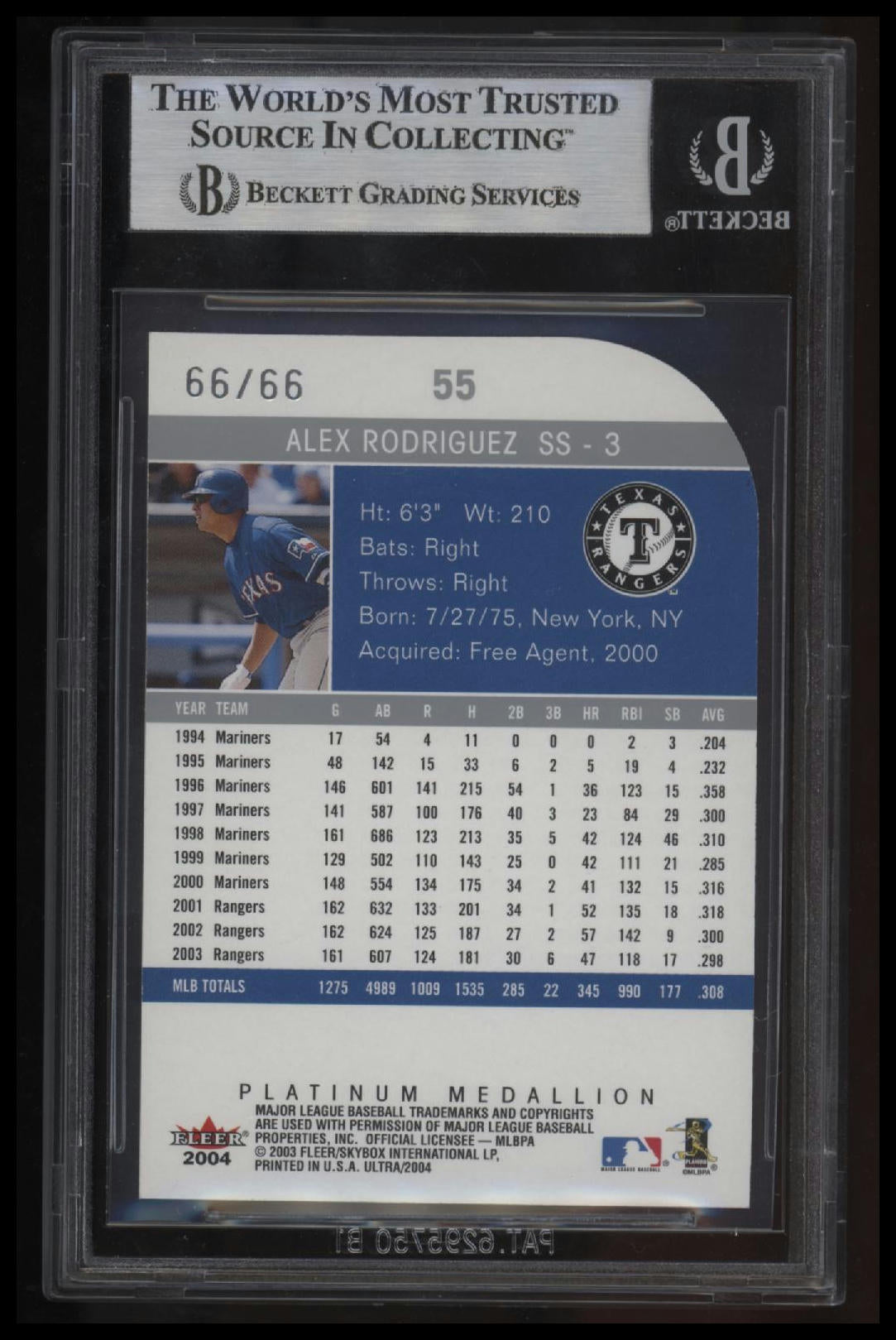 2004 Ultra Platinum Medallion Alex Rodriguez BGS 8.5