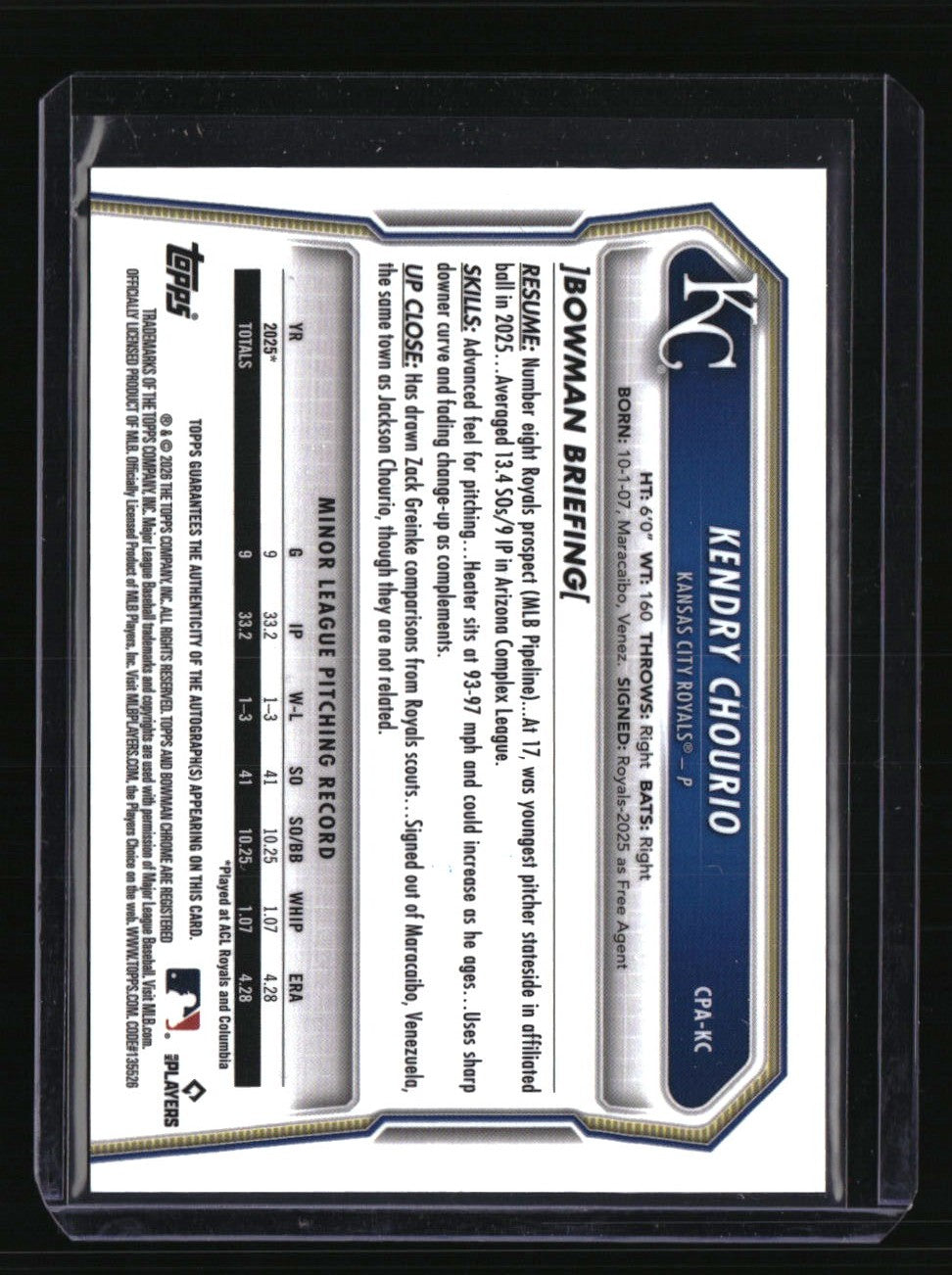 2026 Bowman Kendry Chourio Chrome Prospect Autographs
