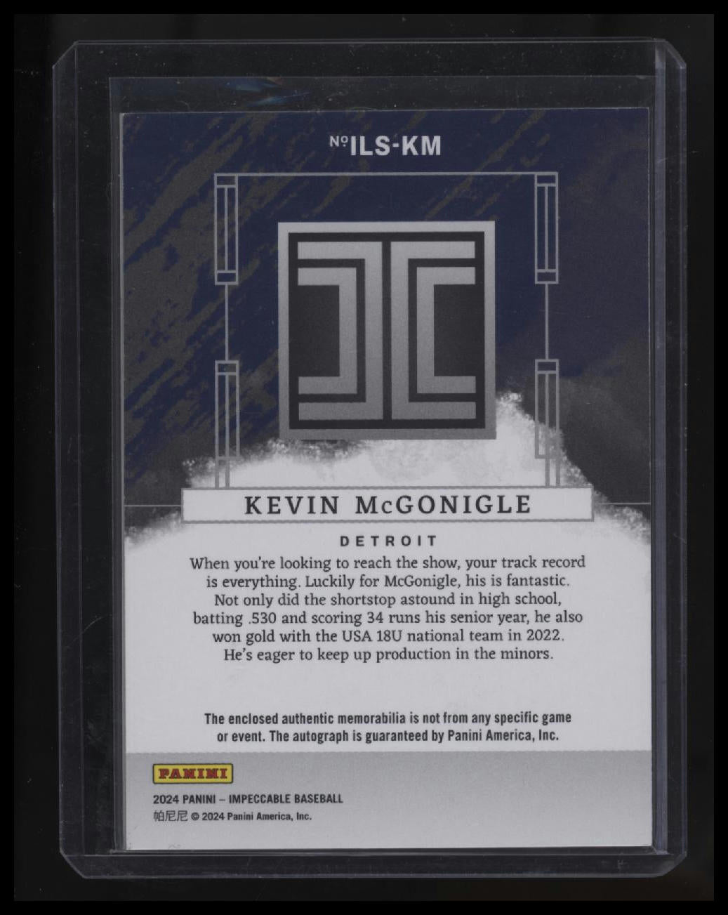 2024 Panini Impeccable Kevin McGonigle Impeccable Lumber Signatures #/49