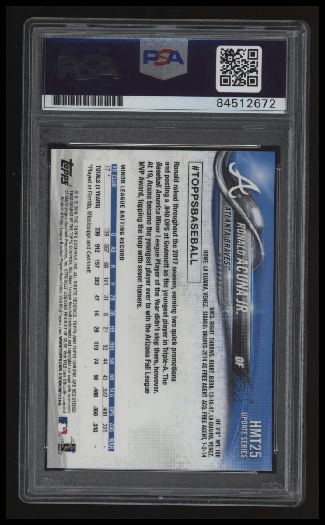 2018 Topps Chrome Update Ronald Acuna Jr. Signed Auto 10 PSA Authentic
