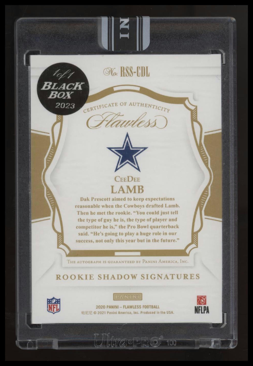 2020 Panini Flawless CeeDee Lamb Rookie Black Box Shadow Signatures Platinum 1/1