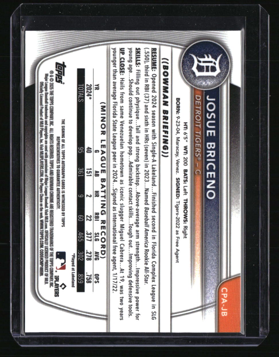 2025 Bowman Josue Briceno Chrome Prospect Autographs
