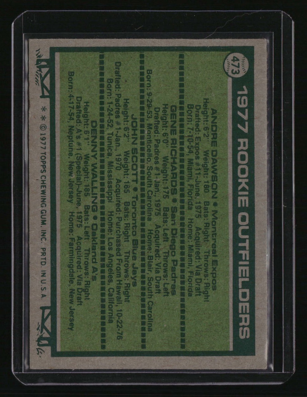 1977 Topps Rookie Outfielders Dawson / Richards / Scott / Walling)