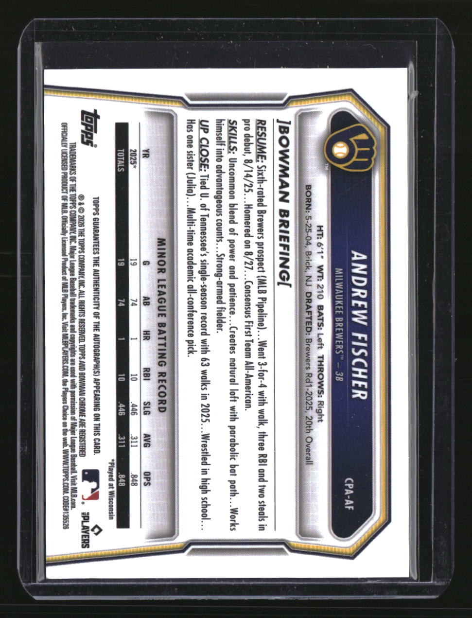 2026 Bowman Andrew Fischer Chrome Prospect Autographs