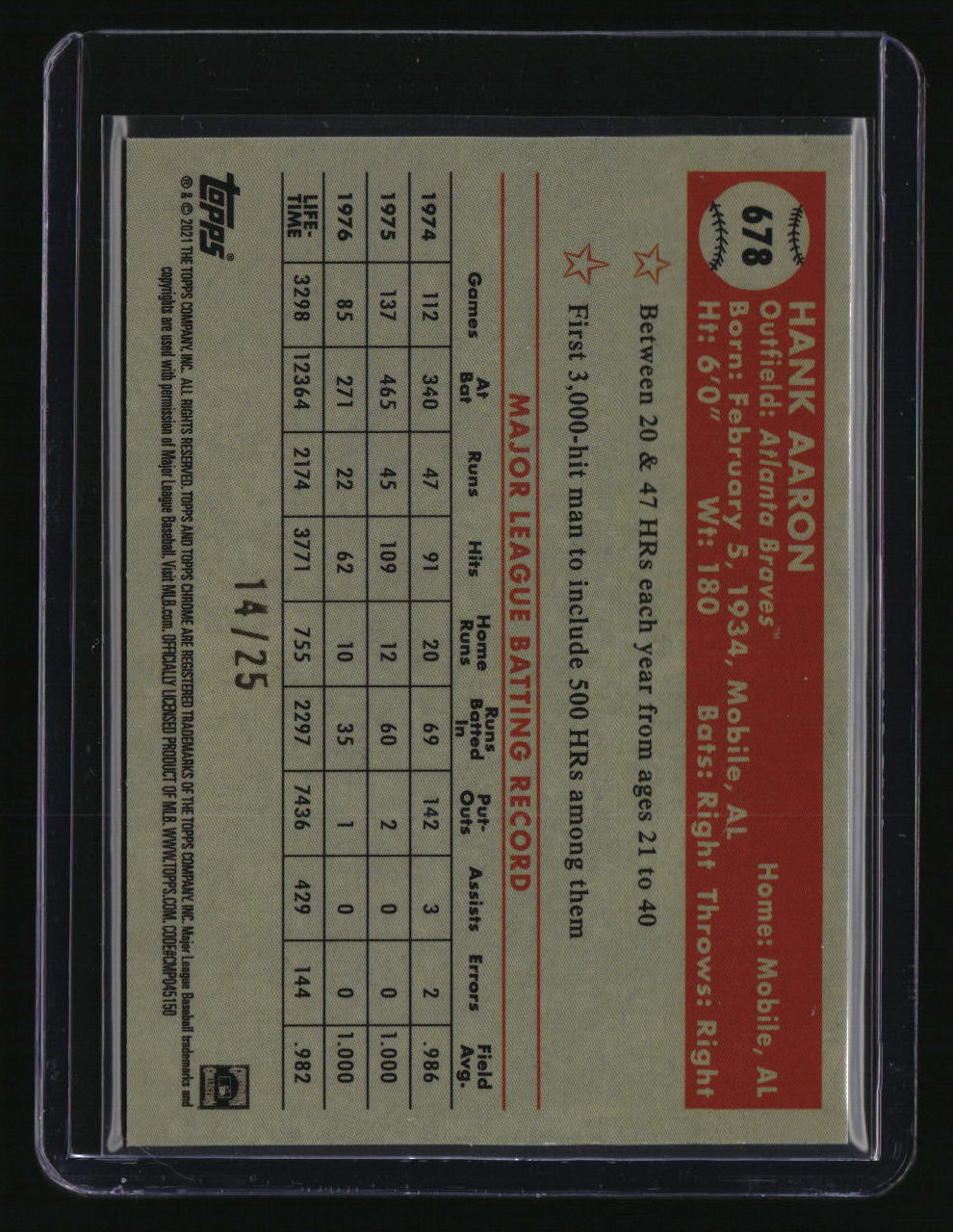 2021 Topps Chrome Plat Anniversary Hank Aaron Orange/Yellow 70th Anniversary /25