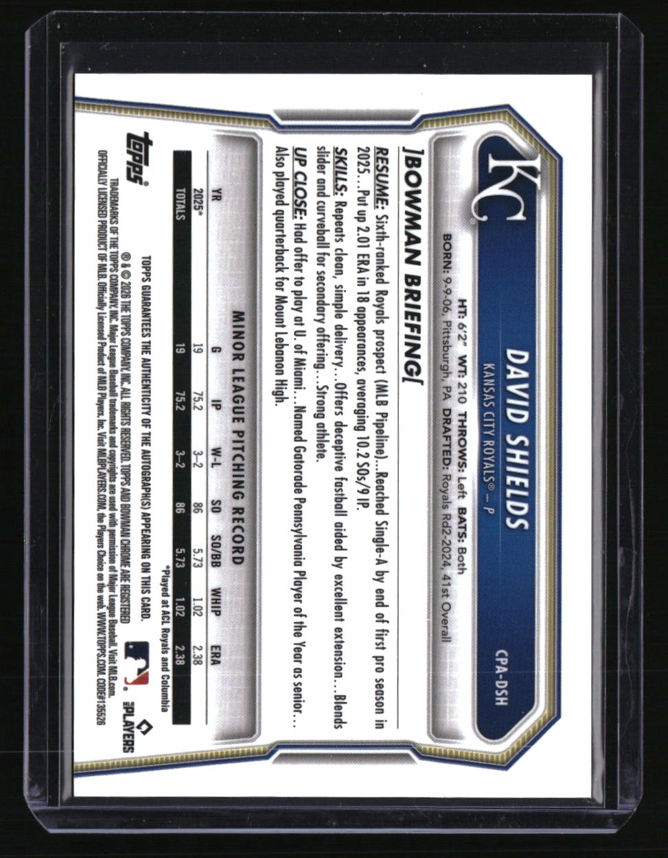 2026 Bowman David Shields Chrome Prospect Autographs Purple Refractors #/250