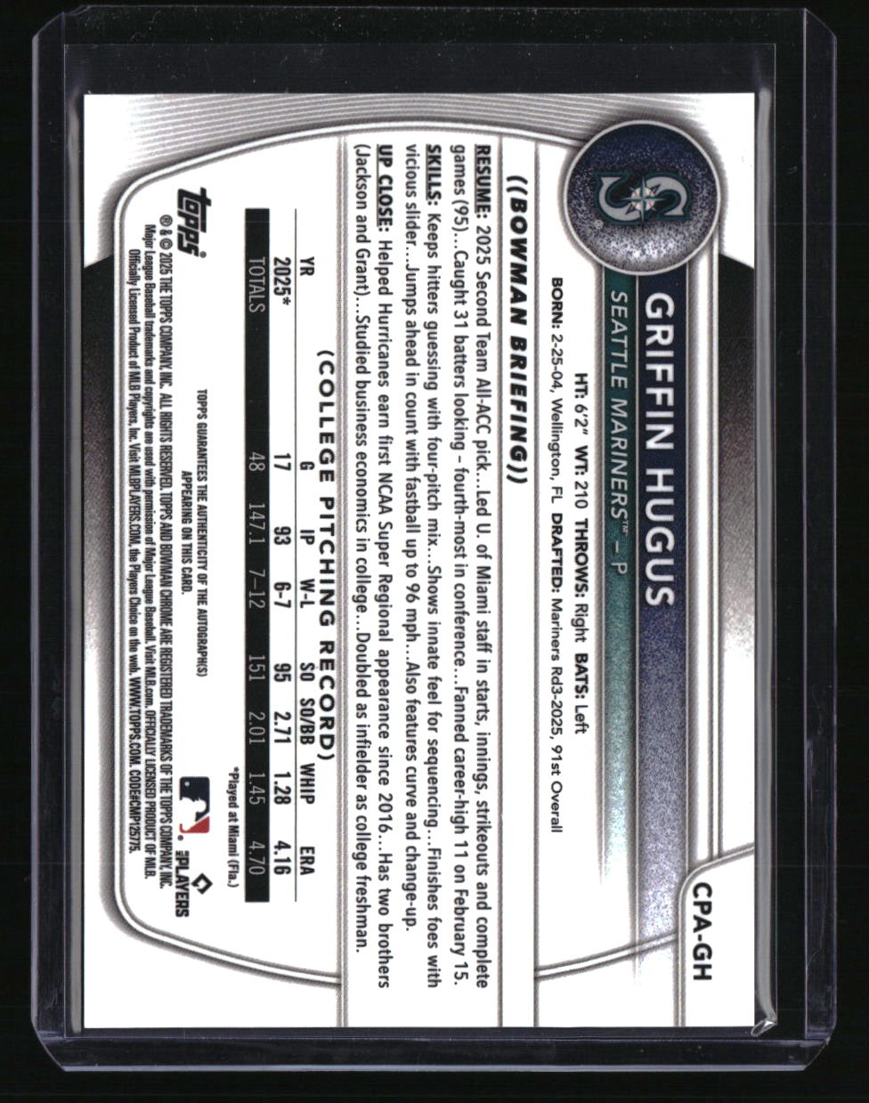 2025 Bowman Draft Griffin Hugus Chrome Prospect Autographs Yellow Refractor #/75