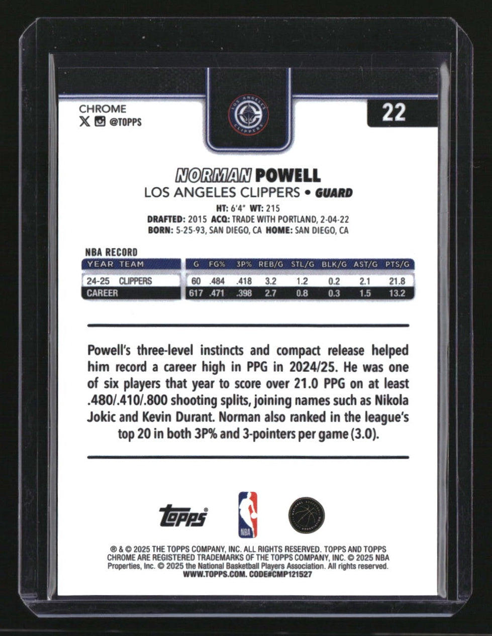2025-26 Topps Chrome Norman Powell Red Wave Refractor #/5