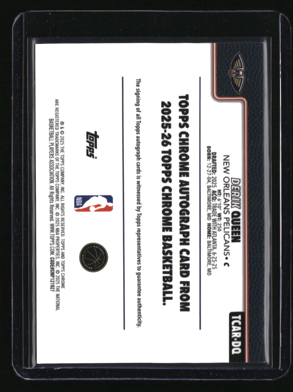 2025-26 Topps Chrome Derik Queen Chrome Rookie Autographs
