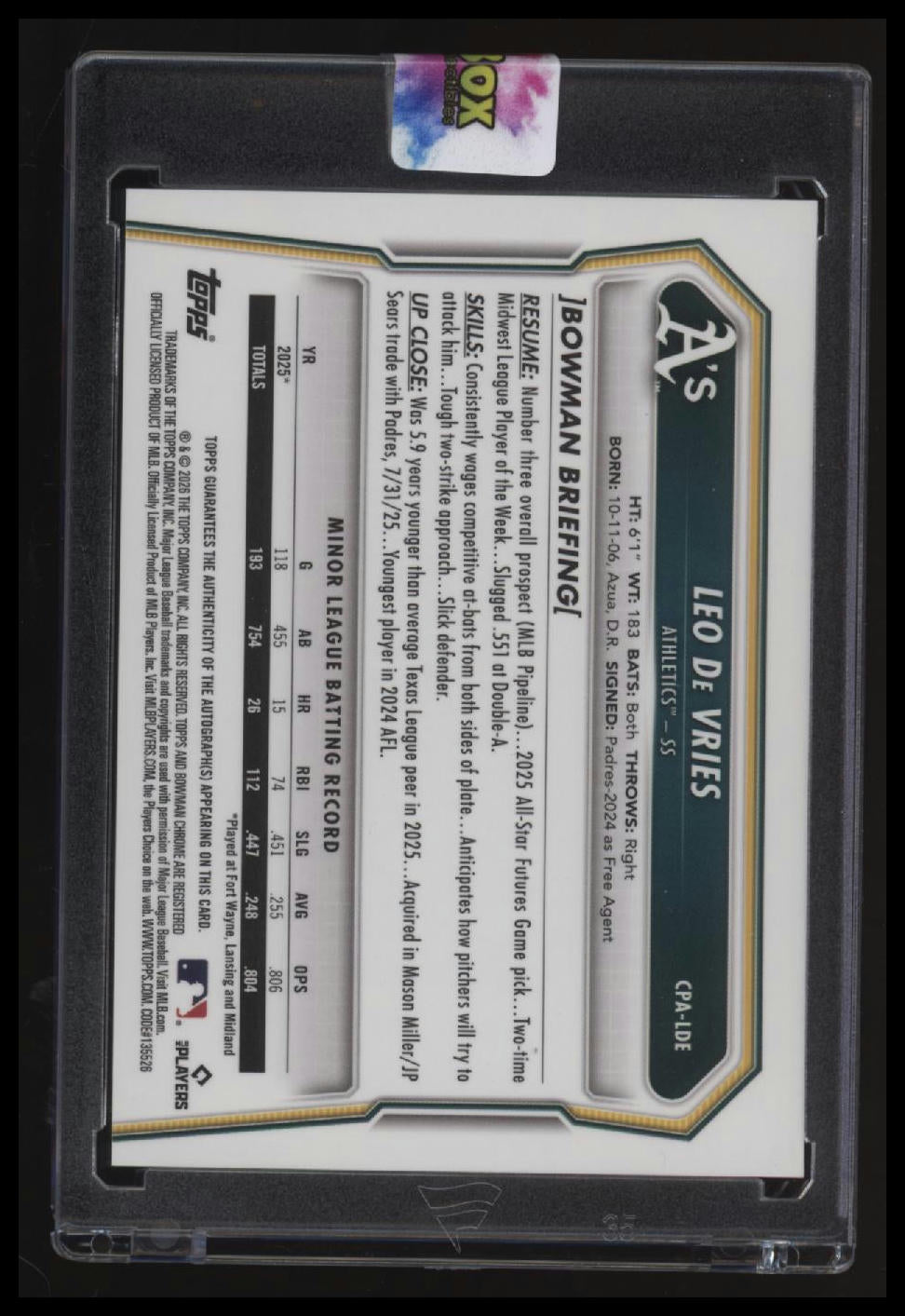 2026 Bowman Leo De Vries Chrome Prospect Autographs Bowman LogoFractors #/35