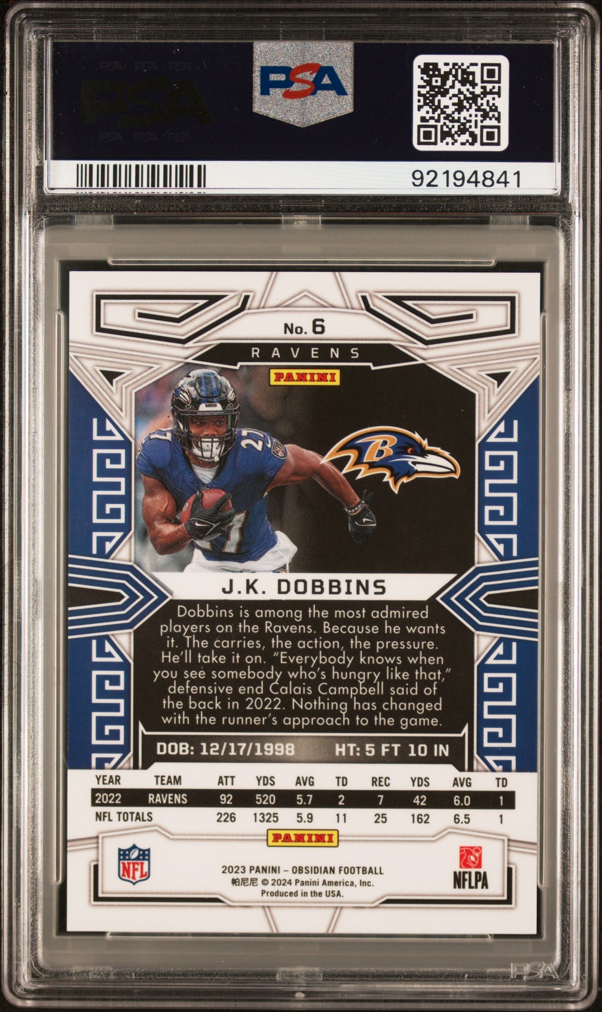 2023 Panini Obsidian Jk Dobbins Electric Etch Contra PSA 10