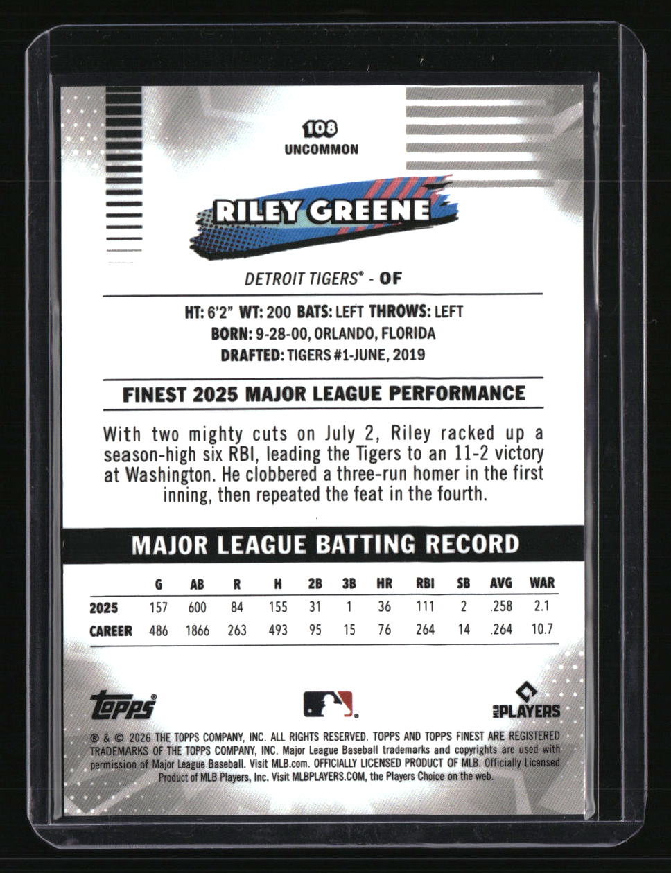 2026 Finest Riley Greene White X-Fractors #/30