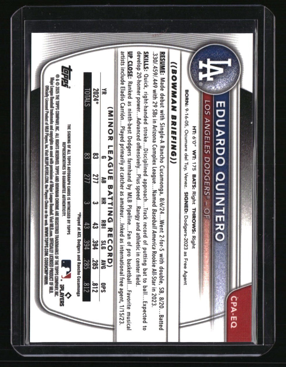 2025 Bowman Eduardo Quintero Chrome Prospects Autographs