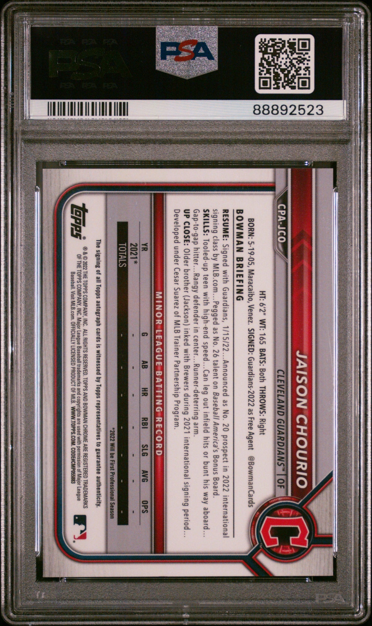 2022 Bowman Chrome Prospect Autographs Jaison Chourio Speckle Refractor PSA 10