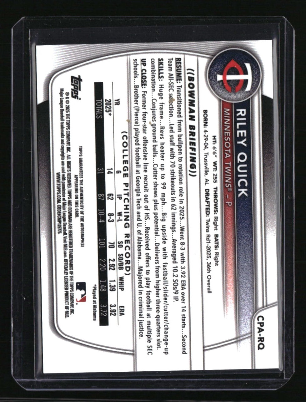 2025 Bowman Draft Riley Quick Chrome Prospect Autographs Aqua Lava #/199