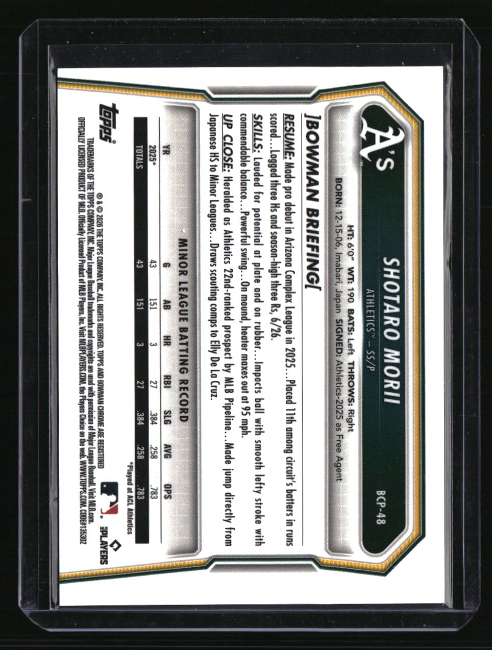 2026 Bowman Shotaro Morii Chrome Prospects Orange Shimmer Refractor #/25