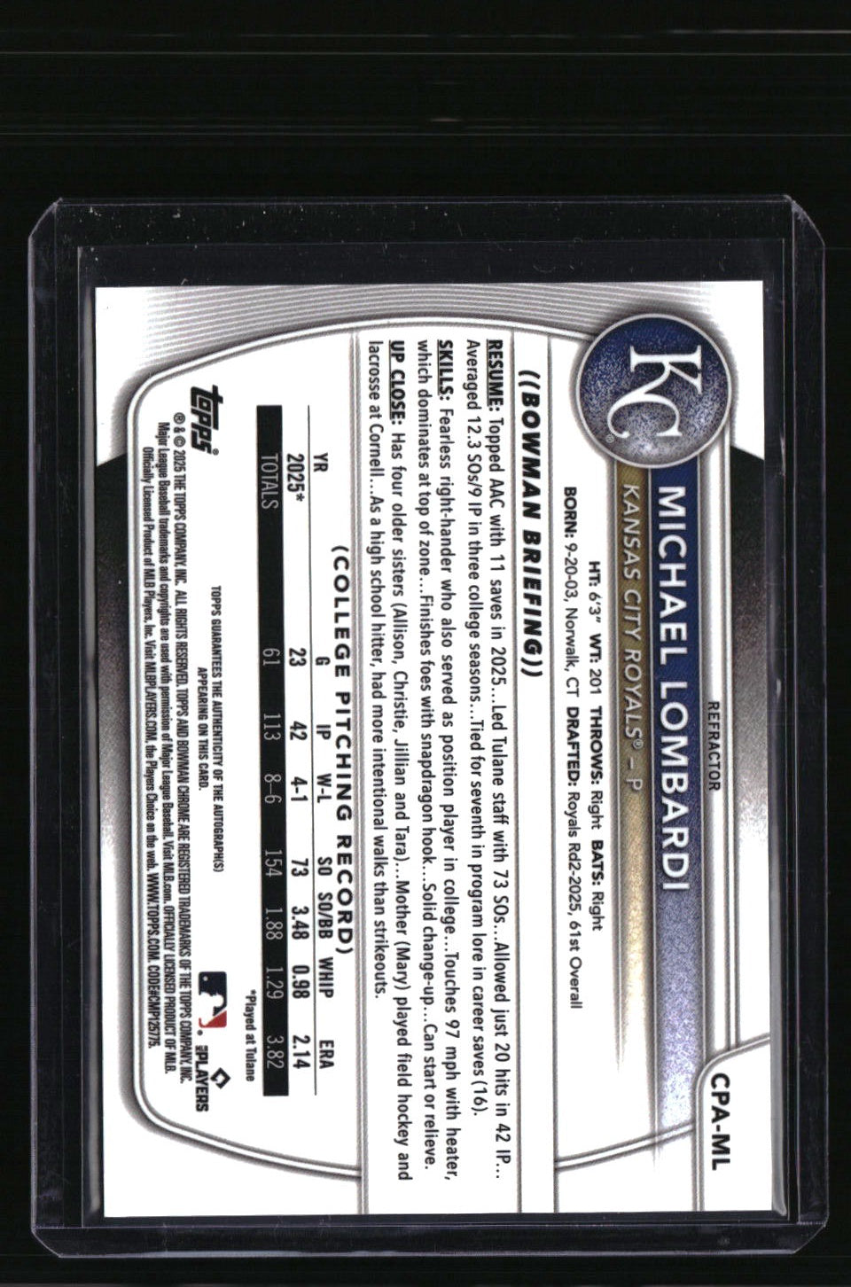 2025 Bowman Draft Michael Lombardi Chrome Prospect Autographs Refractor #/499
