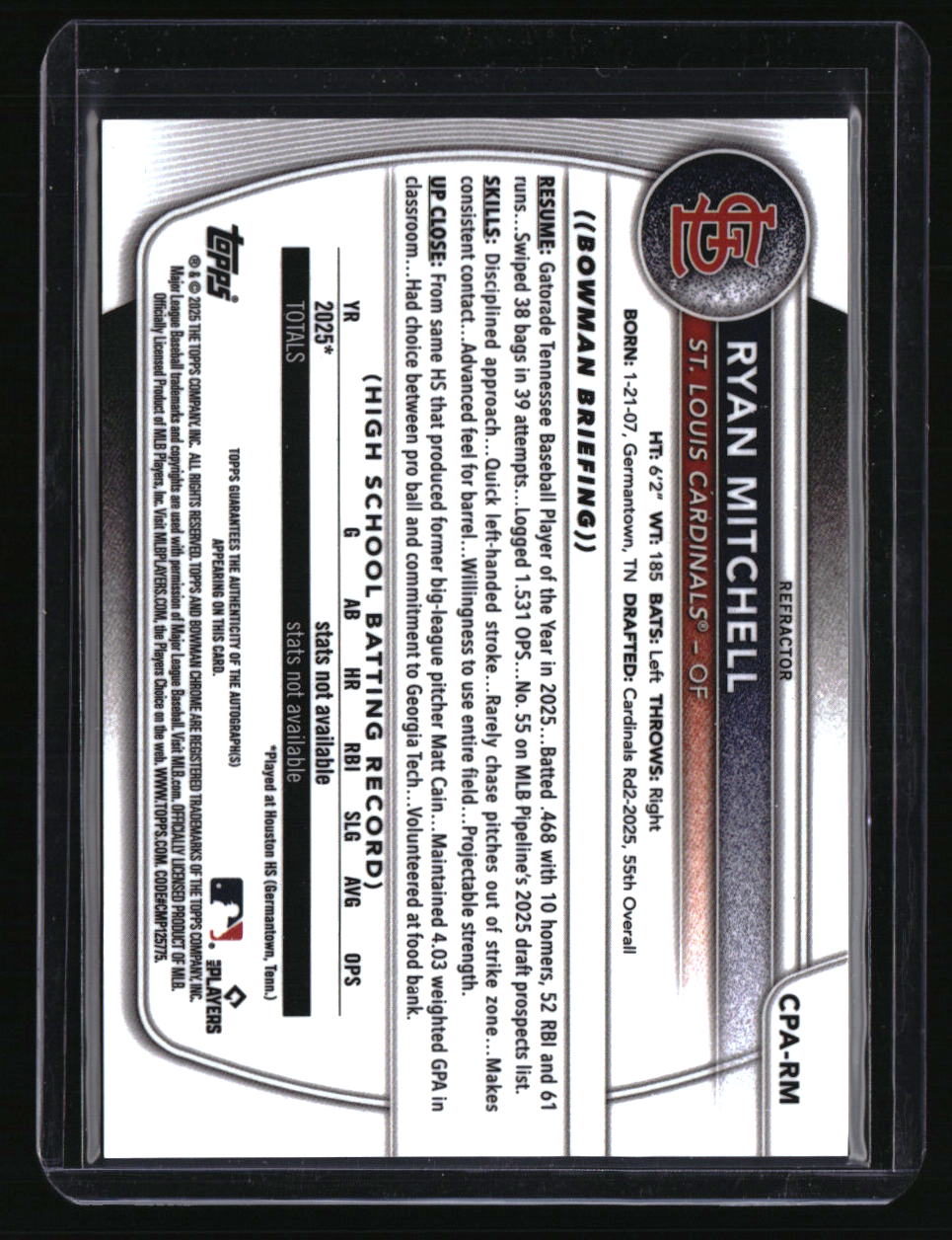 2025 Bowman Draft Ryan Mitchell Chrome Prospect Autographs Refractor #/499
