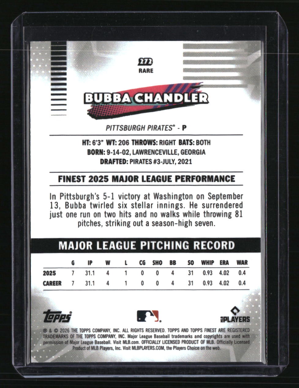 2026 Finest Bubba Chandler Rare Aqua Refractors #/199